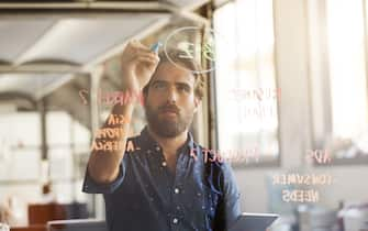 Young businessman preparing plan on glass wall in office