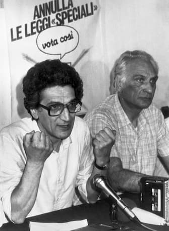 Toni Negri with Marco Pannella during a press conference in Rome, Italy, 9 July 1983. ANSA/OLDPIX