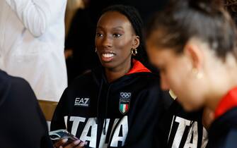 La cerimonia al Quirinale Paola Egonu durante la cerimonia di restituzione della Bandiera degli atleti italiani di ritorno dai Giochi Olimpici e Paralimpici di Parigi 2024, Quirinale, Roma 23 settembre 2024. ANSA/FABIO FRUSTACI