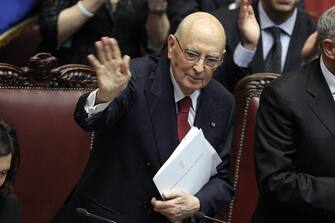 Il presidente della Repubblica Giorgio Napolitano durante il giuramento del suo secondo mandato, Roma, 22 aprile 2013. ANSA/GIUSEPPE LAMI