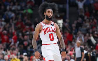 CHICAGO, IL - FEBRUARY 06: Coby White #0 of the Chicago Bulls reacts after making a 3-point basket during the second half against the Minnesota Timberwolves at the United Center on February 6, 2024 in Chicago, Illinois. (Photo by Melissa Tamez/Icon Sportswire via Getty Images)