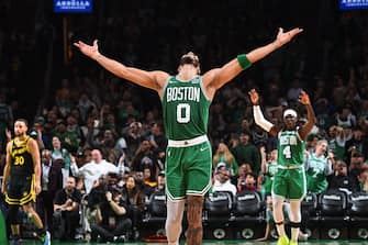 BOSTON, MA - MARCH 3: Jayson Tatum #0 of the Boston Celtics celebrates during the game against the Golden State Warriors on March 3, 2024 at the TD Garden in Boston, Massachusetts. NOTE TO USER: User expressly acknowledges and agrees that, by downloading and or using this photograph, User is consenting to the terms and conditions of the Getty Images License Agreement. Mandatory Copyright Notice: Copyright 2024 NBAE  (Photo by Brian Babineau/NBAE via Getty Images)