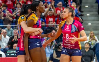 Exultation of Paola Egonu (Allianz VV Milano)  during  Allianz Vero Volley Milano vs Fenerbahce Open Istanbul, CEV Champions League Women volleyball match in Milan, Italy, March 12 2024