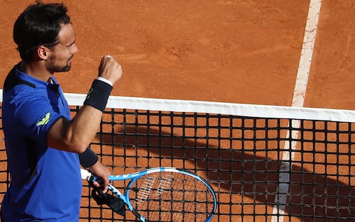 Italy's Fabio Fognini celebrates after winning his match against Russia's Andrey Rublev on the day 3 of the Monte-Carlo ATP Masters Series tournament on April 15, 2019 in Monaco. (Photo by Valery HACHE / AFP)        (Photo credit should read VALERY HACHE/AFP via Getty Images)