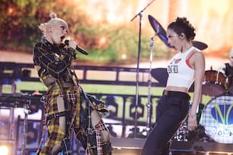 INDIO, CALIFORNIA - APRIL 13: (L-R) Gwen Stefani of No Doubt and Olivia Rodrigo perform at the Coachella Stage during the 2024 Coachella Valley Music and Arts Festival at Empire Polo Club on April 13, 2024 in Indio, California. (Photo by John Shearer/Getty Images for No Doubt)
