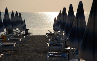 Beach facilities in Alba Adriatica on the Italian Adriatic coast in summer time
