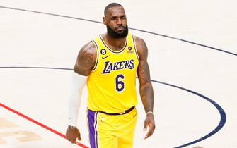 DENVER, CO - MAY 18: Los Angeles Lakers forward LeBron James walks off the court during the second half of game two in the NBA Playoffs Western Conference Finals against the Denver Nuggets at Ball Arena on Thursday, May 18, 2023 in Denver, CO. (Robert Gauthier / Los Angeles Times)