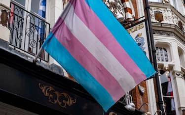 Transgender Pride flag in Soho on 6th March 2024 in London, United Kingdom. The transgender flag is a light blue, pink and white pentacolour pride flag representing the transgender community, organizations, and individuals. (photo by Mike Kemp/In Pictures via Getty Images)