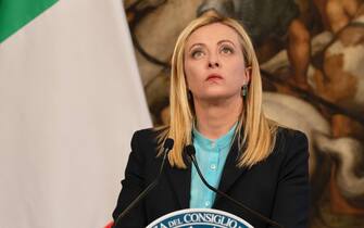 Italian Premier Giorgia Meloni during a press conference after her meeting with Spanish Premier Sanchez at Palazzo Chigi, Rome, Italy, 5 April 2023. ANSA/ FILIPPO ATTILI - UFFICIO STAMPA ++HO - NO SALES EDITORIAL USE ONLY++