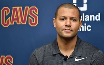 INDEPENDENCE, OH - JUNE 22: Cleveland Cavaliers General Manager, Koby Altman, introduces Collin Sexton during a press conference on June 22, 2018 at the Cleveland Clinic Courts in Independence, Ohio. NOTE TO USER: User expressly acknowledges and agrees that, by downloading and/or using this photograph, user is consenting to the terms and conditions of the Getty Images License Agreement. Mandatory Copyright Notice: Copyright 2018 NBAE (Photo by David Liam Kyle/NBAE via Getty Images)