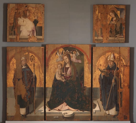 Antonello da Messina, Polittico di San Gregorio - Madonna col Bambino o del Rosario tra i Santi Gregorio e Benedetto - Angelo Annunciante e Annunciata, 1473