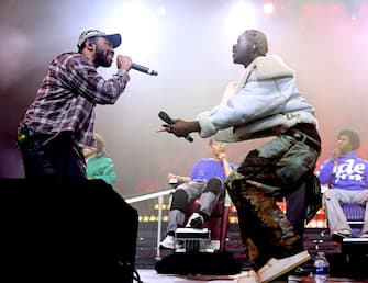 INDIO, CALIFORNIA - APRIL 20: (FOR EDITORIAL USE ONLY) Lil Nas X (R) performs with Kevin Abstract at the Mojave Tent during the 2024 Coachella Valley Music and Arts Festival at Empire Polo Club on April 20, 2024 in Indio, California. (Photo by Theo Wargo/Getty Images for Coachella)