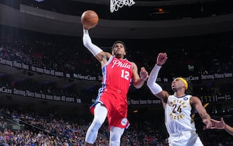 PHILADELPHIA, PA - APRIL 9: Tobias Harris #12 of the Philadelphia 76ers dunks the ball against the Indiana Pacers on April 9, 2022 at Wells Fargo Center in Philadelphia, Pennsylvania. NOTE TO USER: User expressly acknowledges and agrees that, by downloading and/or using this Photograph, user is consenting to the terms and conditions of the Getty Images License Agreement. Mandatory Copyright Notice: Copyright 2022 NBAE (Photo by Jesse D. Garrabrant/NBAE via Getty Images) 