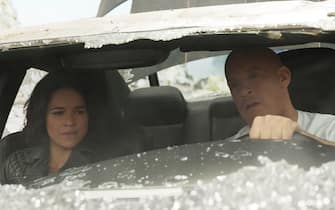 (from left) Letty (Michelle Rodriguez) and Dom (Vin Diesel) in F9, co-written and directed by Justin Lin.