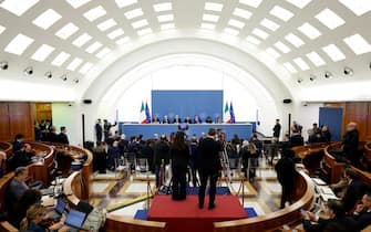 (L-R) Italian Foreign Minister and Deputy Prime Minister Antonio Tajani, Italian Prime Minister Giorgia Meloni and Italian Minister for Infrastructure and Deputy Prime Minister Matteo Salvini during a press conference, Rome, Italy, 03 November 2023.  ANSA/FABIO FRUSTACI