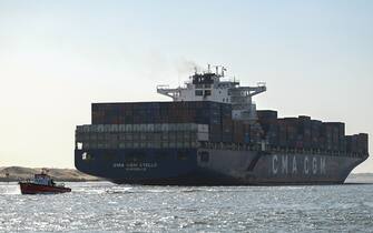 ISMAILIA, EGYPT - JANUARY 10: A ship transits the Suez Canal towards the Red Sea on January 10, 2024 in Ismailia, Egypt. In the wake of Israel's war on Gaza after the October 7 Hamas attack on Israel, Houthi rebels in Yemen pledged disruption on all ships destined for Israel through the Red Sea's Suez Canal. The disruption on world trade is evident in the number of companies using this container ship route - a 90 per cent decline compared to figures one year ago. (Photo by Sayed Hassan/Getty Images)