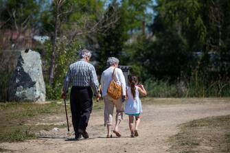 Grand parents and grand daughter having a stroll, Novato, California, USA