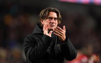 Brentford manager Thomas Frank applauds the fans after the final whistle in the Premier League match at the Gtech Community Stadium, London. Picture date: Saturday November 4, 2023.