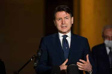 CREMONA, ITALY - APRIL 28: Italian prime minister Giuseppe Conte makes a statement to the journalists on April 28, 2020 in Cremona, Italy. Italy will remain on lockdown to stem the transmission of the Coronavirus (Covid-19), slowly easing restrictions. (Photo by Marco Mantovani/Getty Images)