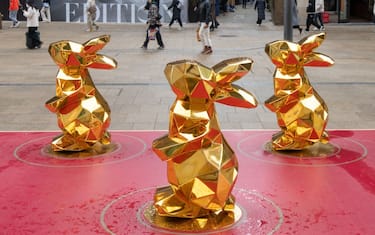 SHANGHAI, CHINA - JANUARY 12: Gold rabbit installations are set up in the street ahead of the Chinese Lunar New Year, the Year of the Rabbit, on January 12, 2023 in Shanghai, China. (Photo by VCG/VCG via Getty Images)