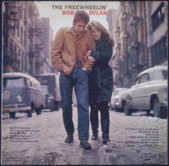 The cover for the Bob Dylan album 'The Freewheelin' Bob Dylan', released by Columbia Records in 1963. The cover features Dylan and his girlfriend Suze Rotolo walking near their apartment in Greenwich Village, New York City. (Photo by Blank Archives/Archive Photos/Getty Images)