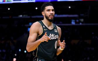 LOS ANGELES, CALIFORNIA - DECEMBER 13: Jayson Tatum #0 of the Boston Celtics celebrates his basket with a Los Angeles Lakers foul during the first half at Crypto.com Arena on December 13, 2022 in Los Angeles, California. NOTE TO USER: User expressly acknowledges and agrees that, by downloading and/or using this photograph, User is consenting to the terms and conditions of the Getty Images License Agreement. Mandatory Copyright Notice: Copyright 2022 NBAE. (Photo by Harry How/Getty Images)