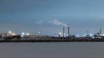 Saint-Petersburg industrial port view, panoramic photo taken on a winter night