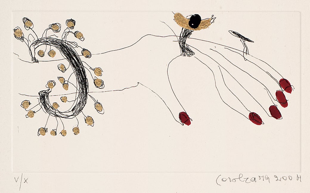 Carol Rama, Seduzione (mano), 2004. Acquaforte su carta Moulin du Pombier, 16 x 23,5 cm. Tiratura: 100 + X, con intervento dell'artista, successivo alla stampa, a smalto rosso e oro. Es. V/X. © Archivio Carol Rama, Torino