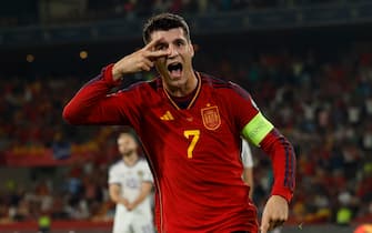 epaselect epa10915754 Spain's Alvaro Morata celebrates after scoring the 1-0 goal during the UEFA EURO 2024 Group A qualifying soccer match between Spain and Scotland, in Seville, Spain, 12 October 2023.  EPA/Julio Munoz
