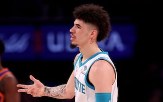 NEW YORK, NEW YORK - NOVEMBER 12: LaMelo Ball #1 of the Charlotte Hornets celebrates his three point shot during the first half against the New York Knicks at Madison Square Garden on November 12, 2023 in New York City. NOTE TO USER: User expressly acknowledges and agrees that, by downloading and or using this photograph, User is consenting to the terms and conditions of the Getty Images License Agreement. (Photo by Elsa/Getty Images)