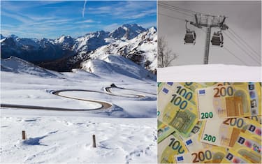 pista da sci, funivia e banconote di euro di diverso taglio