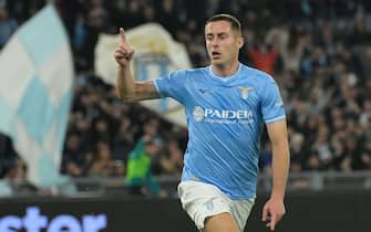 Lazioâ&#x80;&#x99;s Adam Marusic celebrates after scoring the goal 1-0 during the Italian Football Championship League A 2023/2024 match between SS Lazio vs Juventus FC at the Olimpic Stadium in Rome on 30 March 2024.