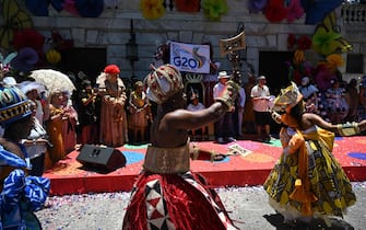 A group of dancers perform during the official Carnival opening ceremony at the City Palace in Rio de Janeiro, Brazil on February 9, 2024. (Photo by MAURO PIMENTEL / AFP)