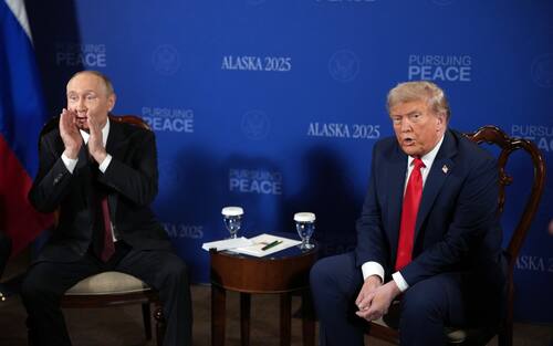 ANCHORAGE, ALASKA - AUGUST 15:U.S. President Donald Trump (R) and Russian President Vladimir Putin (L) hold a meeting at Joint Base Elmendorf-Richardson on August 15, 2025 in Anchorage, Alaska. The two leaders are meeting for peace talks aimed at ending the war in Ukraine. (Photo by Andrew Harnik/Getty Images)