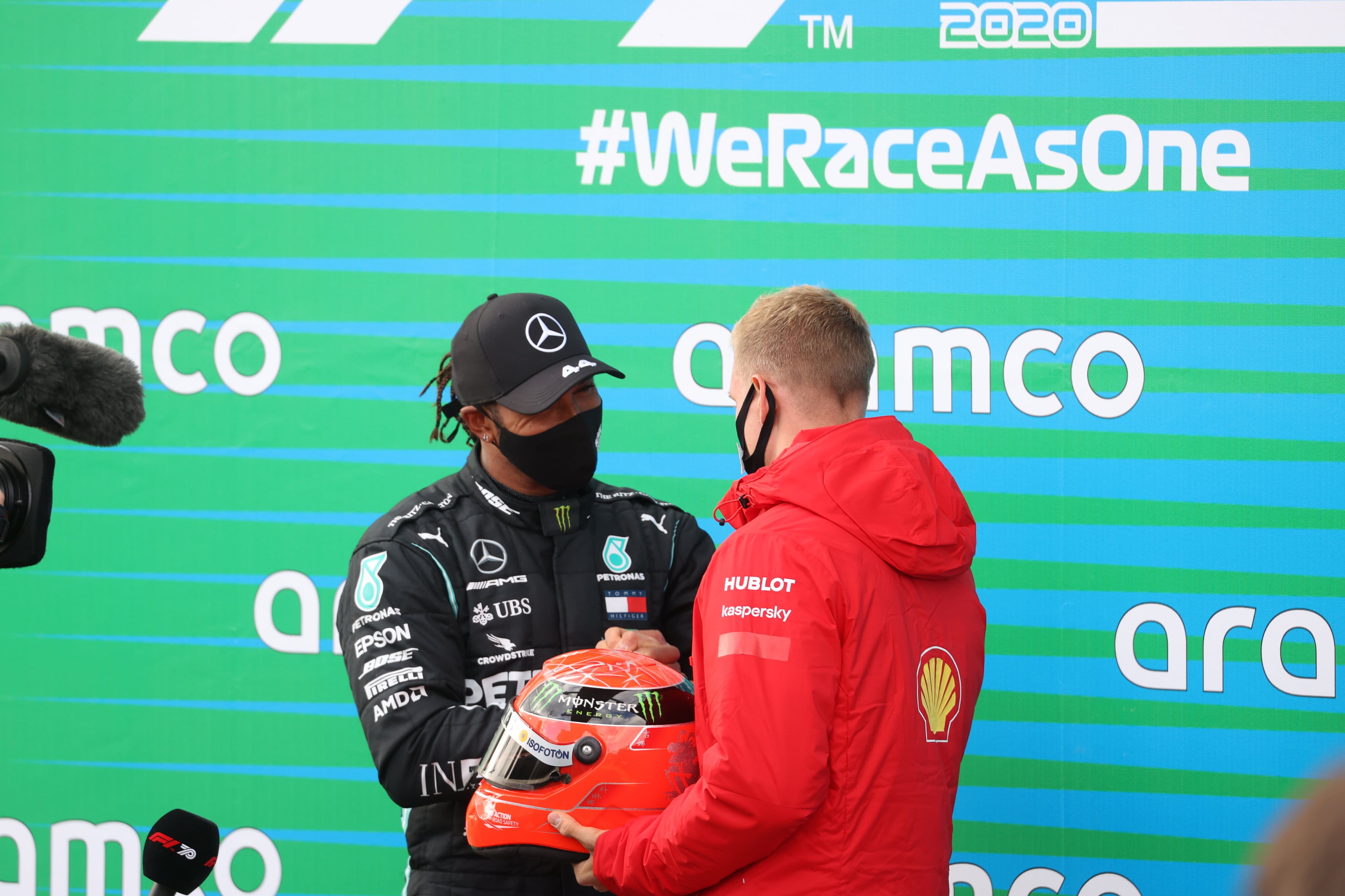 HAMILTON Lewis (gbr), Mercedes AMG F1 GP W11 Hybrid EQ Power+, SCHUMACHER Mick (ger), Alfa Romeo Racing ORLEN C39, portrait during the Formula 1 Aramco Grosser Preis Der Eifel 2020, Eifel Grand Prix, from October 9 to 11, 2020 on the N..rburgring, in N..rburg, Germany - Photo DPPI / LM