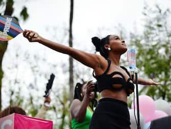 HOLLYWOOD, CALIFORNIA - JUNE 11: Janelle MonÃ¡e performs on the ACLU of Southern California Community Grand Marshal float at the 2023 LA Pride Parade on June 11, 2023 in Hollywood, California. (Photo by Chelsea Guglielmino/WireImage)