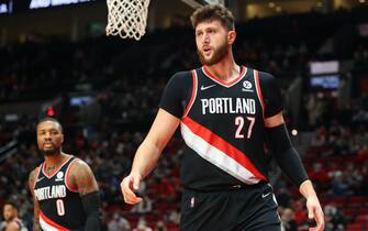 PORTLAND, OREGON - OCTOBER 27: Jusuf Nurkic #27 of the Portland Trail Blazers reacts against the Memphis Grizzlies during the first quarter at Moda Center on October 27, 2021 in Portland, Oregon. NOTE TO USER: User expressly acknowledges and agrees that, by downloading and or using this photograph, User is consenting to the terms and conditions of the Getty Images License Agreement. (Photo by Abbie Parr/Getty Images)