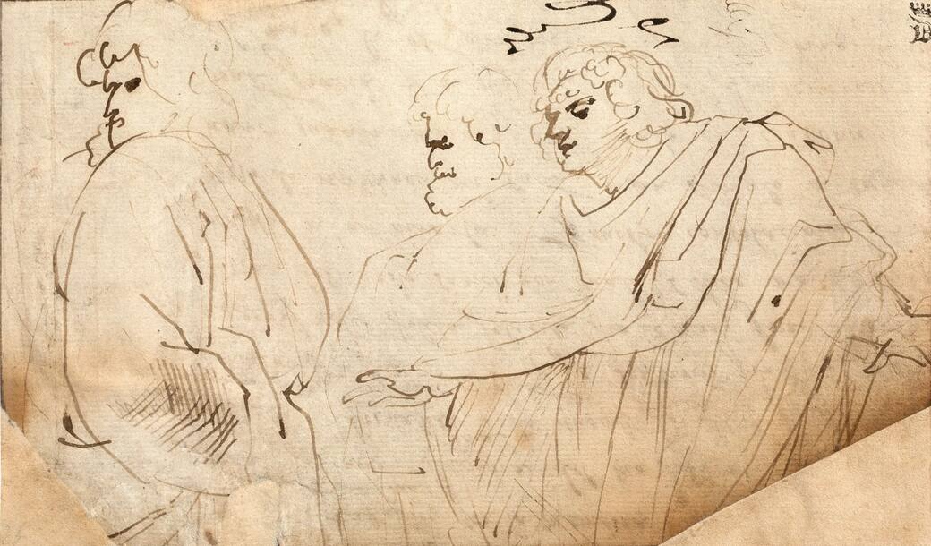 Peter Paul Rubens, Three men in classical robes (recto), Draft letter about a commission for a painting by Eleonora de’ Medici (verso), 1607, pen and brown ink on paper, Rubenshuis. Photo: courtesy Rubenshuis 