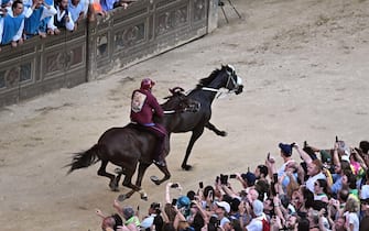 Oca horse   Zio Frac  wins the historical Italian horse race Palio di Siena, in Siena, Italy, 16 August 2023. The traditional horse race taking place on 16 August as the 'Palio dell'Assunta' on the holiday of the Virgin Mary.
ANSA/CLAUDIO GIOVANNINI