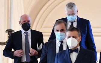 Gregorio De Falco (L), Andrea Causin (R) and Antonio Merlo (C), members of the Parliamentary Group Europeisti- Maie- Centro Democratico of the Senate of the Republic, leave after a meeting with Italian President Sergio Mattarella at the Quirinale Palace for the first round of formal political consultations following the resignation of Prime Minister Giuseppe Conte, in Rome, Italy, 28 January 2021. ANSA/POOL/ETTORE FERRARI