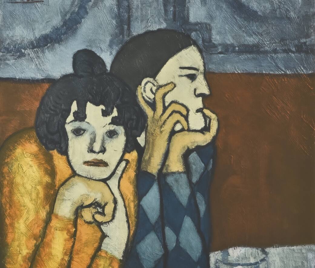 Reproduction after Arlequin et sa compagne (Les Deux Saltimbanques) 1901, Pablo Picasso 1960. Collotipia a colori 103 x 73,5 cm. Collezione Privata © Succession Picasso, by SIAE 2025