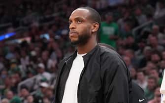 BOSTON, MA - MAY 15: Khris Middleton #22 of the Milwaukee Bucks looks on during Game 7 of the 2022 NBA Playoffs Eastern Conference Semifinals on May 15, 2022 at TD Garden in Boston, Massachusets. NOTE TO USER: User expressly acknowledges and agrees that, by downloading and/or using this Photograph, user is consenting to the terms and conditions of the Getty Images License Agreement. Mandatory Copyright Notice: Copyright 2022 NBAE (Photo by Jesse D. Garrabrant/NBAE via Getty Images) 