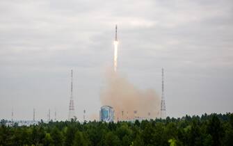 epa10794402 A handout image made available by the Roscosmos State Space Corporation shows the Soyuz-2.1b rocket with the moon lander Luna 25 (Moon) automatic station as it takes off from a launch pad at the Vostochny Cosmodrome, outside the city of Tsiolkovsky, some 180 km north of Blagoveschensk, in the far eastern Amur region, Russia, 11 August 2023. The Soyuz rocket with the first lunar spacecraft in the history of modern Russia was launched from the Vostochny Cosmodrome. Luna-25 will be the first station in the world to land in the near-polar zone of the Moon, on difficult terrain.  EPA/ROSCOSMOS STATE SPACE CORPORATION  HANDOUT EDITORIAL USE ONLY/NO SALES
