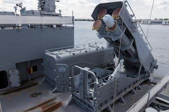 Tomahawk cruise missile system armored box launchers on the USS New Jersey Iowa Class Battleship, Delaware River, New Jersey, United States.
