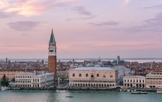 Italy, Veneto, Venice. High angle view of the city at sunset