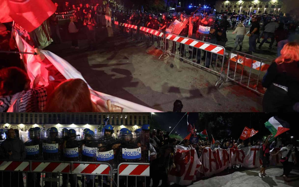 Corteo pro Palestina a Roma, vernice rossa contro cordone polizia Corteo pro Palestina a Roma, vernice rossa contro cordone polizia