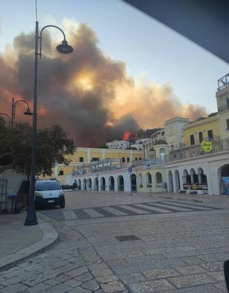 Un incendio è divampato a Santa Cesarea Terme, in provincia di Lecce, con le fiamme alimentate dal vento che sono quasi a ridosso del paese, 02 ottobre 2023. Anche alcuni abitanti della zona sono stati fatti allontanare dalle loro case per essere spostati in aree più sicure. 
ANSA/STEFANIA CONGEDO