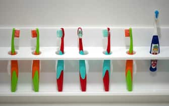 PRODUCTION - 02 February 2022, Hessen, Darmstadt: Toothbrushes lined up in a daycare center. Photo: Sebastian Gollnow/dpa (Photo by Sebastian Gollnow/picture alliance via Getty Images)