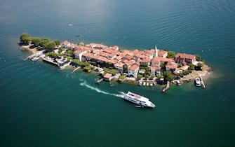 Aerial view of the Pescatori Island, Lake Maggiore, Borromean Islands, Stresa, Piedmont, Italy.