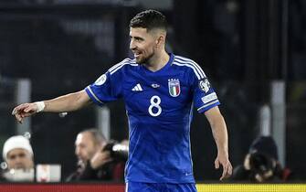 ItalyÕs Federico Chiesa (L) celebrates his goal with his teammate Jorginho (R) during the UEFA Euro 2024 Group C qualification round match between Italy and North Macedonia at the Olimpico stadium in Rome, Italy, 17 November 2023. ANSA/RICCARDO ANTIMIANI